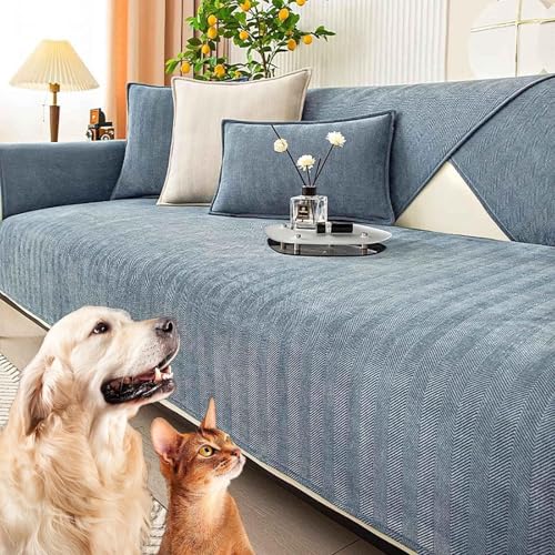 JHOMHF Fischgräten Chenille Sofabezüge rutschfeste Couchbezüge dehnbarer Sofabezug waschbarer Schutz for Wohnzimmermöbel(Grey Blue,110 * 240 cm/43.3 * 94.4 IN) von JHOMHF