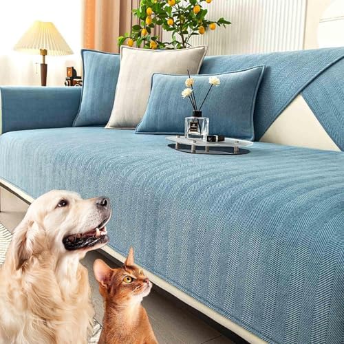 JHOMHF Fischgräten Chenille Sofabezüge rutschfeste Couchbezüge dehnbarer Sofabezug waschbarer Schutz for Wohnzimmermöbel(Harbour Blue,70 * 90 cm/27.6 * 35.4 IN) von JHOMHF
