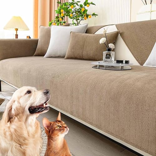 JHOMHF Fischgräten Chenille Sofabezüge rutschfeste Couchbezüge dehnbarer Sofabezug waschbarer Schutz for Wohnzimmermöbel(Milk Brown,70 * 180cm/27.6 * 70.9 IN) von JHOMHF