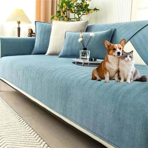 JHOMHF Fischgräten Sofabezug aus Chenille Rutschfester Couchbezug for Hunde haustierfreundlicher Möbelschutz zur Vermeidung von Kratzern und Flecken(Blue,90 * 90 cm/35.4 * 35.4 IN) von JHOMHF