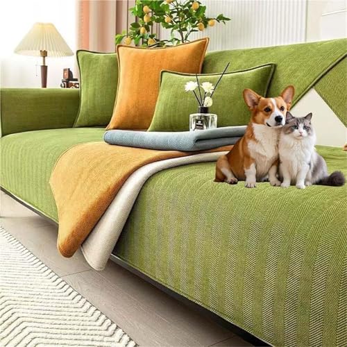 JHOMHF Fischgräten Sofabezug aus Chenille Rutschfester Couchbezug for Hunde haustierfreundlicher Möbelschutz zur Vermeidung von Kratzern und Flecken(Green,45 * 45 cm/17.7 * 17.7 IN) von JHOMHF