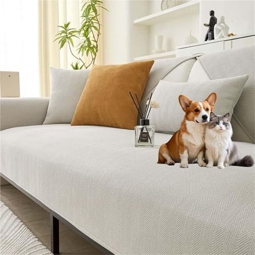 JHOMHF Fischgräten Sofabezug aus Chenille Rutschfester Couchbezug for Hunde haustierfreundlicher Möbelschutz zur Vermeidung von Kratzern und Flecken(White,70 * 180cm/27.6 * 70.9 IN) von JHOMHF