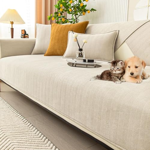 JHOMHF Fischgräten Sofabezug aus Chenille hochelastisch rutschfest waschbarer Möbelschutz for Wohnzimmersofas(Beige,70 * 70cm/27.6 * 27.6in) von JHOMHF