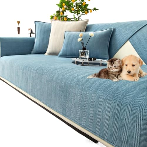 JHOMHF Fischgräten Sofabezug aus Chenille hochelastisch rutschfest waschbarer Möbelschutz for Wohnzimmersofas(Blue,110 * 160cm/43.3 * 63in) von JHOMHF