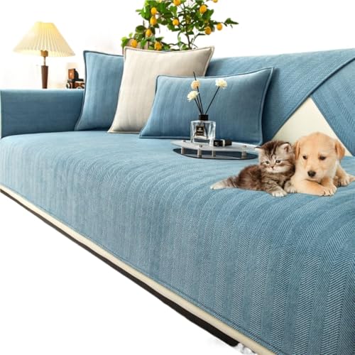 JHOMHF Fischgräten Sofabezug aus Chenille hochelastisch rutschfest waschbarer Möbelschutz for Wohnzimmersofas(Blue,70 * 150cm/27.6 * 59in) von JHOMHF