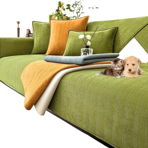 JHOMHF Fischgräten Sofabezug aus Chenille hochelastisch rutschfest waschbarer Möbelschutz for Wohnzimmersofas(Green,90 * 180cm/35.4 * 70.9in) von JHOMHF