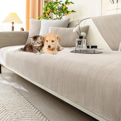 JHOMHF Fischgräten Sofabezug aus Chenille hochelastisch rutschfest waschbarer Möbelschutz for Wohnzimmersofas(Light Grey,70 * 70cm/27.6 * 27.6in) von JHOMHF