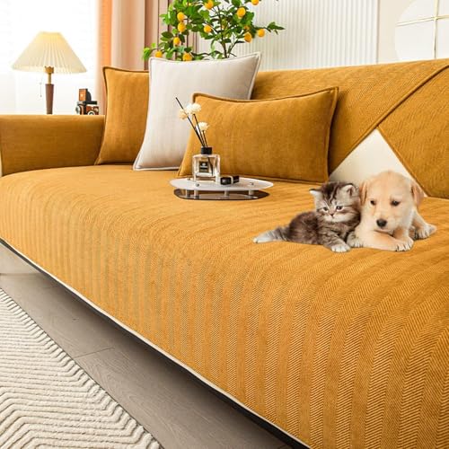 JHOMHF Fischgräten Sofabezug aus Chenille hochelastisch rutschfest waschbarer Möbelschutz for Wohnzimmersofas(Orange,110 * 240cm/43.3 * 94.4in) von JHOMHF