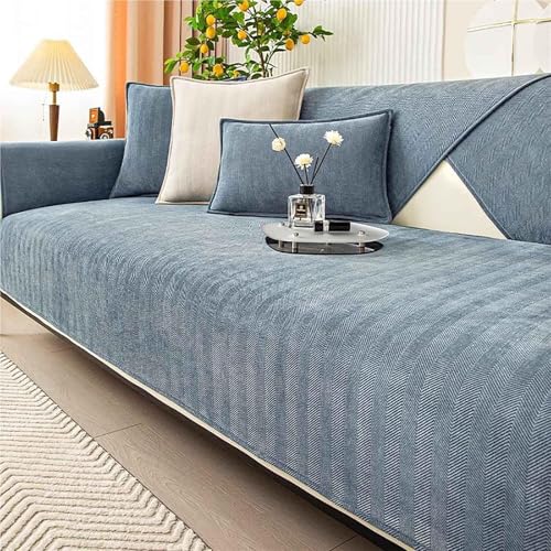 JHOMHF Fischgräten Sofabezug aus Chenille weicher dehnbarer Möbelschutz for Couch Loveseat Rutschfester waschbarer Premium Polsterbezug aus Chenille(Grey Blue,90 * 180 cm/35.4 * 70.9 in) von JHOMHF