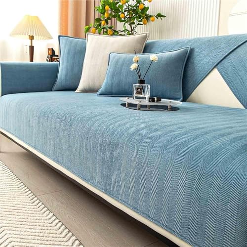 JHOMHF Fischgräten Sofabezug aus Chenille weicher dehnbarer Möbelschutz for Couch Loveseat Rutschfester waschbarer Premium Polsterbezug aus Chenille(Harbour Blue,90 * 180 cm/35.4 * 70.9 in) von JHOMHF