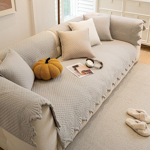 JHOMHF Gesteppter Sofabezug aus Baumwolle mit Blattkaro Stickerei Rutschfester waschbarer Sofabezug weicher Möbelschutz for Sofas(Grey,1pc/36"x36") von JHOMHF