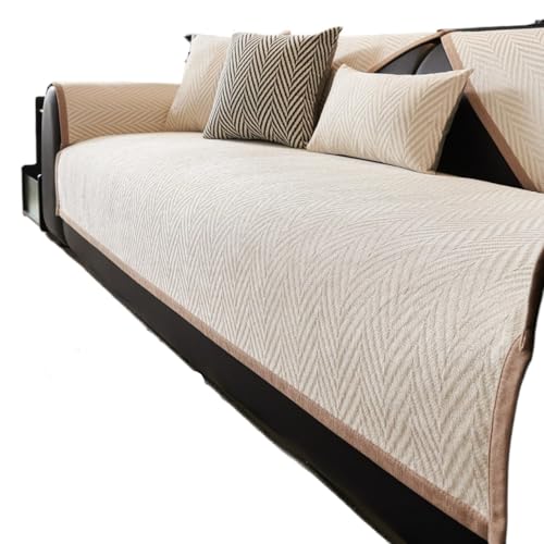 JHOMHF Gestreifter Sofabezug aus Chenille im Landhausstil weich gemütlich rutschfest Sofabezug, waschbarer Möbelschutz(Light Coffee,1pc/28"x82"/Rectangular) von JHOMHF