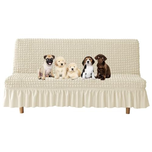 JHOMHF Haustierfreundlicher Futon Schonbezug for Hunde dehnbarer Sofabezug ohne Armlehnen kratzfester strapazierfähiger Stoff universelle Passform for Sofas(Beige,Large) von JHOMHF