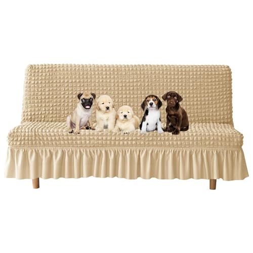 JHOMHF Haustierfreundlicher Futon Schonbezug for Hunde dehnbarer Sofabezug ohne Armlehnen kratzfester strapazierfähiger Stoff universelle Passform for Sofas(Beige 1,Medium) von JHOMHF