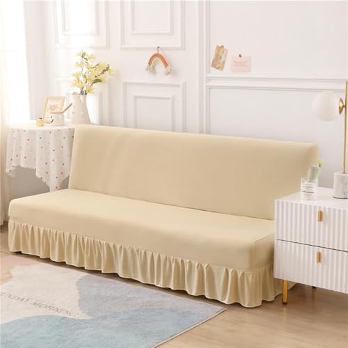 JHOMHF Hochelastischer Futon Schonbezug armloser Futon-Bettbezug mit Rüschenrock elastischer Unterseite weicher Stoff Sofabett Möbelschutz(Beige,Small) von JHOMHF