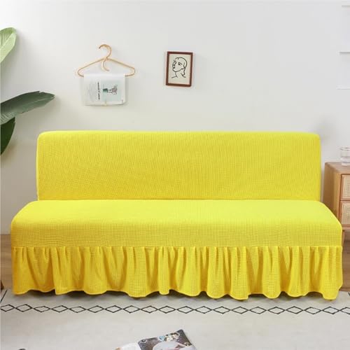 JHOMHF Hochelastischer Futon Schonbezug ohne Armlehnen Rüschenrock Sofa Bettbezug mit elastischer Unterseite einfarbig kinderfreundlicher Futon Möbelschutz(Lemon Yellow,Small) von JHOMHF