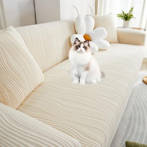 JHOMHF Jacquard Sofabezüge aus Samt mit elastischem Ganzjahres Universal Fit Stretch Couchbezügen for Haustiere Möbelschutz(Beige,Small) von JHOMHF