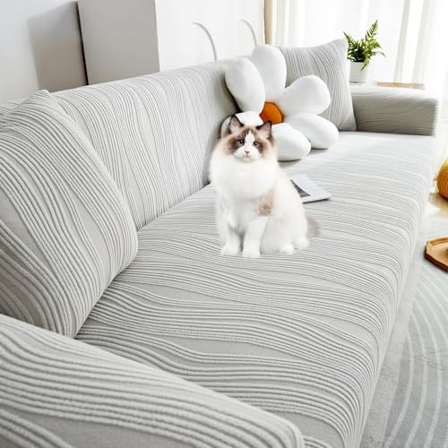 JHOMHF Jacquard Sofabezüge aus Samt mit elastischem Ganzjahres Universal Fit Stretch Couchbezügen for Haustiere Möbelschutz(Light Gray,Small) von JHOMHF