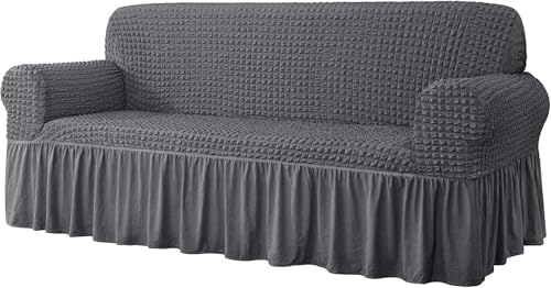 JHOMHF Modischer Seersucker Sofabezug mit Rüschenrock hochelastischer universell passender Couch-Schonbezug dehnbarer Schutz for Wohnzimmermöbel(Grey,2 Seater/Loveseat) von JHOMHF