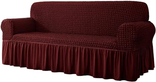 JHOMHF Modischer Seersucker Sofabezug mit Rüschenrock hochelastischer universell passender Couch-Schonbezug dehnbarer Schutz for Wohnzimmermöbel(Red Wine,3 Seater/Sofa) von JHOMHF