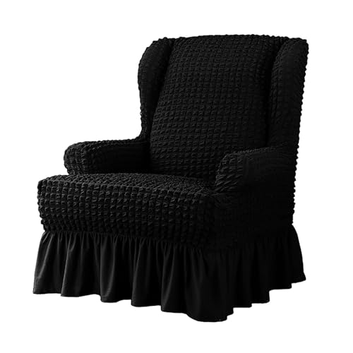 JHOMHF Ohrensessel Schonbezug 1 teilig elastischer Sesselbezug mit Rock Dicker passgenauer Möbelschutz for Ohrensessel(Black) von JHOMHF