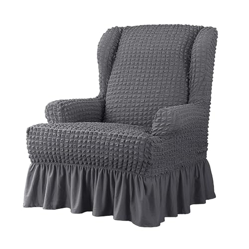 JHOMHF Ohrensessel Schonbezug 1 teilig elastischer Sesselbezug mit Rock Dicker passgenauer Möbelschutz for Ohrensessel(Dark Gray) von JHOMHF