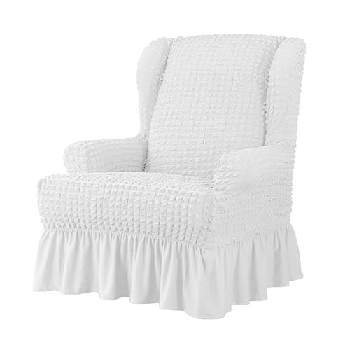 JHOMHF Ohrensessel Schonbezug 1 teilig elastischer Sesselbezug mit Rock Dicker passgenauer Möbelschutz for Ohrensessel(White) von JHOMHF