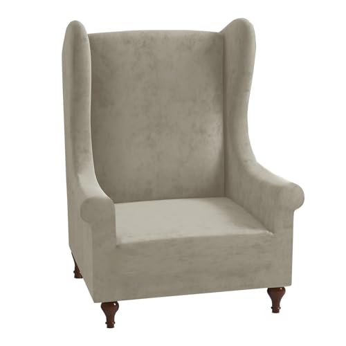 JHOMHF Ohrensesselbezug aus Samt Stretch Passform Rutschfester Sesselbezug 1 teiliger Möbelschutz mit hochwertigem Samtstoff for das Wohnzimmer(Khaki) von JHOMHF