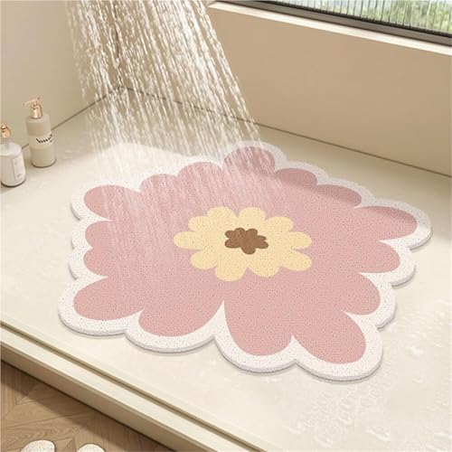 JHOMHF Runde Duschmatte Aus PVC Mit Blumendesign rutschfeste Badematte Mit Abflusslöchern, Schnelltrocknende Badezimmer-Bodenmatte Mit Luffa-Textur for Duschen(Pink,90x90cm) von JHOMHF