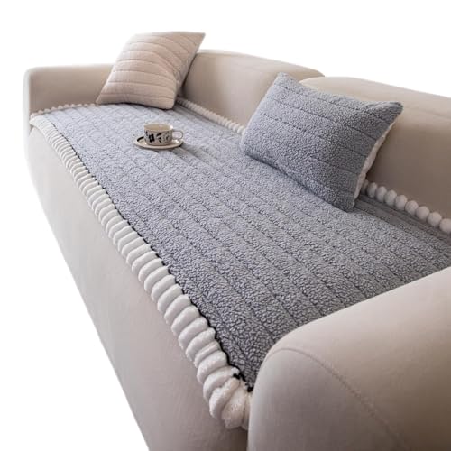 JHOMHF Sherpa Fleece Sofabezug waschbar gestreift Flauschiger Sofaschutz for Haustiere weicher pelziger Sofabezug mit 3 Kissen haustierfreundlicher Möbelbezug(Light Grey,28"x70") von JHOMHF