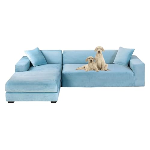 JHOMHF Sofabezüge aus Samt for L förmige Sofas 2 teiliges Set Stretch Schonbezug mit elastischer Unterseite for Sofas weicher Möbelschutz(Blue 3,Quad 235-300cm) von JHOMHF