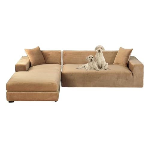 JHOMHF Sofabezüge aus Samt for L förmige Sofas 2 teiliges Set Stretch Schonbezug mit elastischer Unterseite for Sofas weicher Möbelschutz(Camel Color,Quad 235-300cm) von JHOMHF