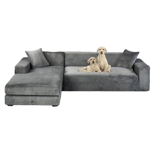 JHOMHF Sofabezüge aus Samt for L förmige Sofas 2 teiliges Set Stretch Schonbezug mit elastischer Unterseite for Sofas weicher Möbelschutz(Dark Gray 1,Five-Seater 310-350cm) von JHOMHF
