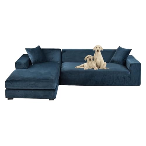 JHOMHF Sofabezüge aus Samt for L förmige Sofas 2 teiliges Set Stretch Schonbezug mit elastischer Unterseite for Sofas weicher Möbelschutz(Navy,Five-Seater 310-350cm) von JHOMHF