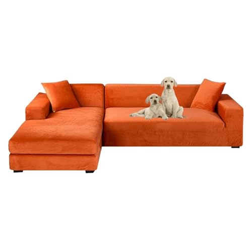 JHOMHF Sofabezüge aus Samt for L förmige Sofas 2 teiliges Set Stretch Schonbezug mit elastischer Unterseite for Sofas weicher Möbelschutz(Orange,Five-Seater 310-350cm) von JHOMHF