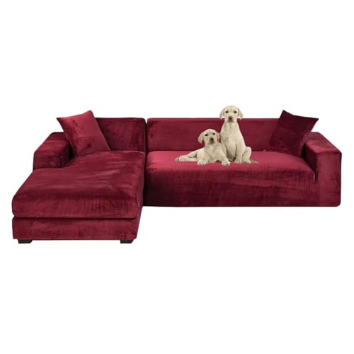 JHOMHF Sofabezüge aus Samt for L förmige Sofas 2 teiliges Set Stretch Schonbezug mit elastischer Unterseite for Sofas weicher Möbelschutz(Red,Quad 235-300cm) von JHOMHF