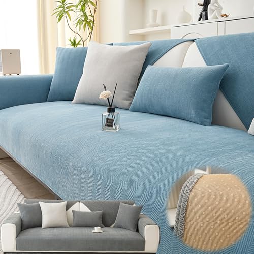 JHOMHF Sofabezug aus Chenille, rutschfest, wasserdicht, waschbar, haustierfreundlich, universelle Passform for L-förmige Sofas, Rutschschutz for alle Jahreszeiten(Sky Blue,35.4″*82.7″) von JHOMHF