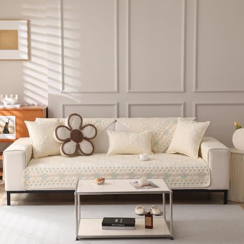 JHOMHF Sofakissenbezüge aus Baumwolle rutschfest universell for 4 Jahreszeiten Ledercouchbezug französischer Retro Stickstoff for Wohnzimmermöbel(Beige,110 * 240cm) von JHOMHF