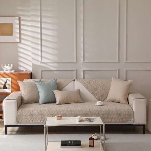 JHOMHF Sofakissenbezüge aus Baumwolle rutschfest universell for 4 Jahreszeiten Ledercouchbezug französischer Retro Stickstoff for Wohnzimmermöbel(Brown,90 * 240cm) von JHOMHF