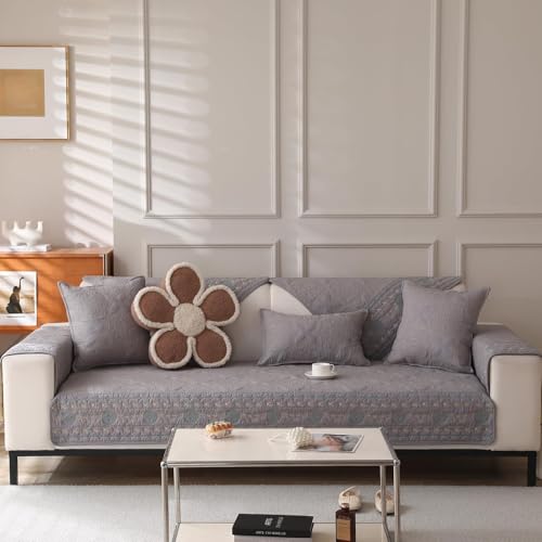 JHOMHF Sofakissenbezüge aus Baumwolle rutschfest universell for 4 Jahreszeiten Ledercouchbezug französischer Retro Stickstoff for Wohnzimmermöbel(Gray,90 * 240cm) von JHOMHF
