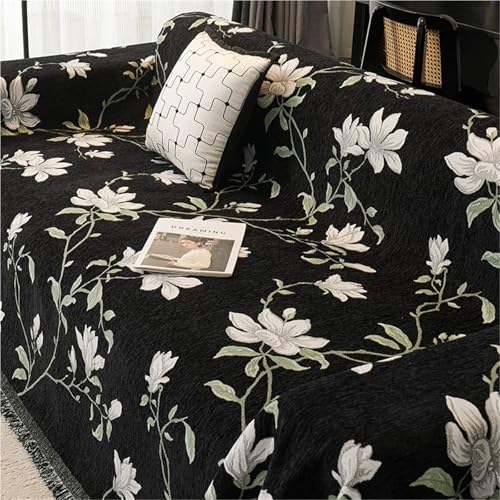 JHOMHF Strapazierfähiger Rutschfester dehnbarer Sofabezug aus Chenille mit Blumenmuster und Quastenbesatz wendbarer waschbarer Couchschutz for Wohnlandschaften(Black,180 * 340cm) von JHOMHF