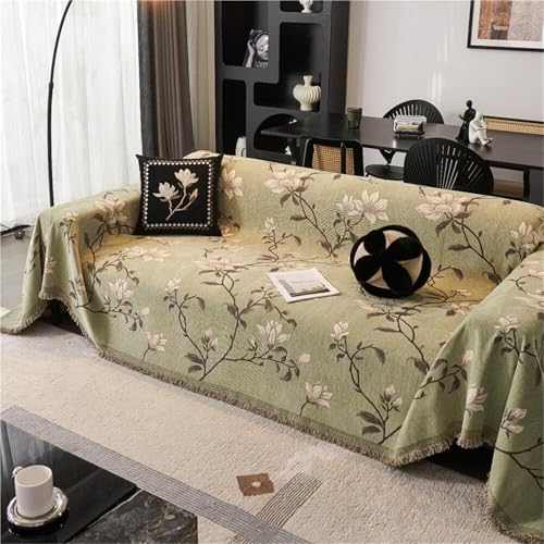 JHOMHF Strapazierfähiger Rutschfester dehnbarer Sofabezug aus Chenille mit Blumenmuster und Quastenbesatz wendbarer waschbarer Couchschutz for Wohnlandschaften(Magnolia Green,180 * 420cm) von JHOMHF