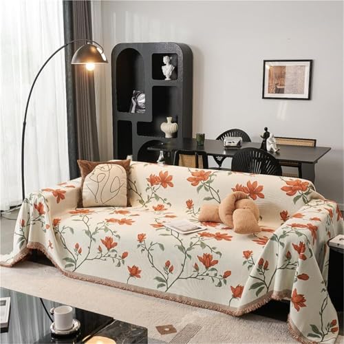 JHOMHF Strapazierfähiger Rutschfester dehnbarer Sofabezug aus Chenille mit Blumenmuster und Quastenbesatz wendbarer waschbarer Couchschutz for Wohnlandschaften(Magnolia Orange,180 * 180cm) von JHOMHF