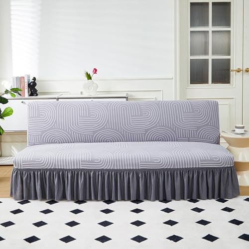 JHOMHF Stretch Futonbezug Sofabezug ohne Armlehnen mit Rockdesign, waschbarer Sofabezug for Bett und Couch for Schutz von Möbeln in voller Größe(Style 1: Grey,Medium) von JHOMHF