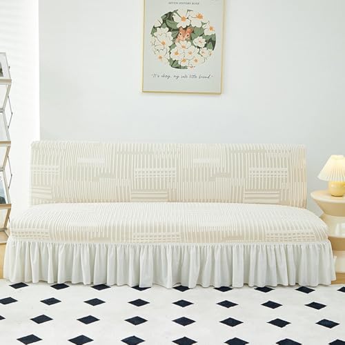 JHOMHF Stretch Futonbezug Sofabezug ohne Armlehnen mit Rockdesign, waschbarer Sofabezug for Bett und Couch for Schutz von Möbeln in voller Größe(Style 2: Beige,Small) von JHOMHF
