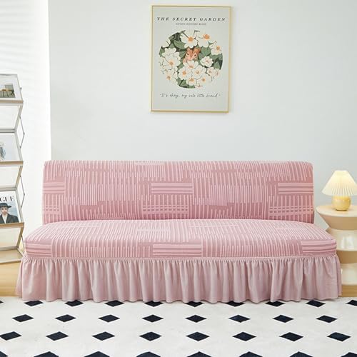 JHOMHF Stretch Futonbezug Sofabezug ohne Armlehnen mit Rockdesign, waschbarer Sofabezug for Bett und Couch for Schutz von Möbeln in voller Größe(Style 2: Pink,Small) von JHOMHF