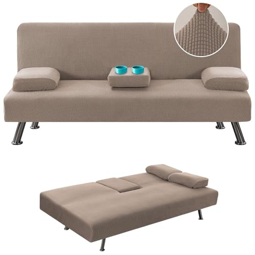 JHOMHF Stretch Futonbezug ohne Armlehnen Schonbezug for Schlafsofa abnehmbare Getränkehalterbezüge for die Armlehne elastischer Möbelschutz for Sofas und Betten universelle(Khaki) von JHOMHF