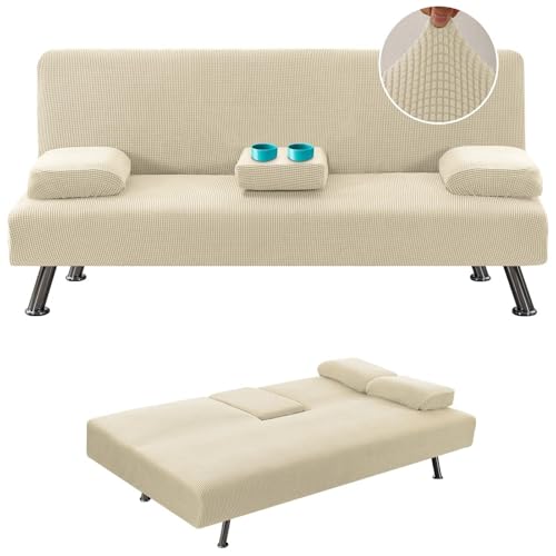 JHOMHF Stretch Futonbezug ohne Armlehnen Schonbezug for Schlafsofa abnehmbare Getränkehalterbezüge for die Armlehne elastischer Möbelschutz for Sofas und Betten universelle(Natural Color) von JHOMHF