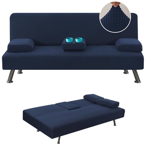 JHOMHF Stretch Futonbezug ohne Armlehnen Schonbezug for Schlafsofa abnehmbare Getränkehalterbezüge for die Armlehne elastischer Möbelschutz for Sofas und Betten universelle(Navy Blue) von JHOMHF