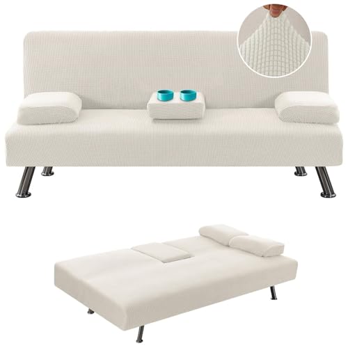 JHOMHF Stretch Futonbezug ohne Armlehnen Schonbezug for Schlafsofa abnehmbare Getränkehalterbezüge for die Armlehne elastischer Möbelschutz for Sofas und Betten universelle(White) von JHOMHF